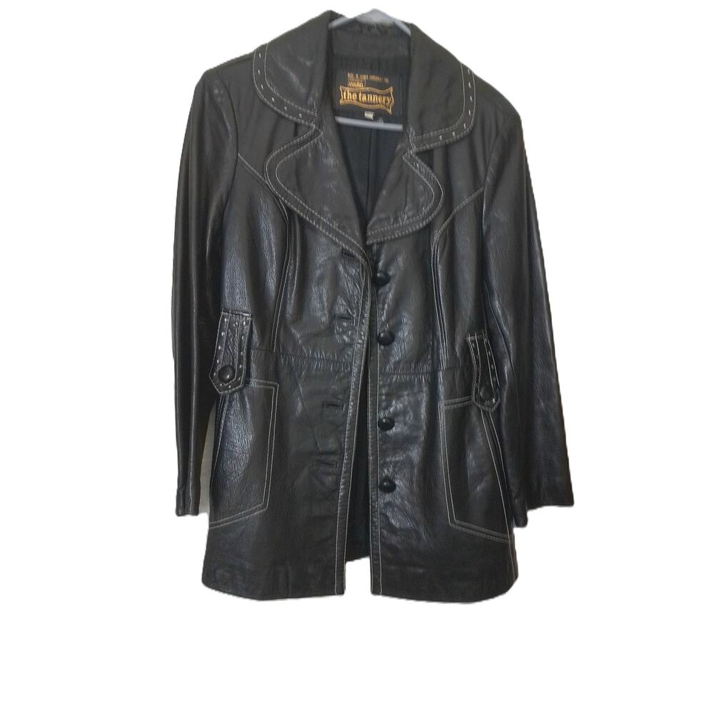 Vintage Montgomery Ward The Tannery Black Leather Jacket Car Coat Size 15/16 - Picture 7 of 7